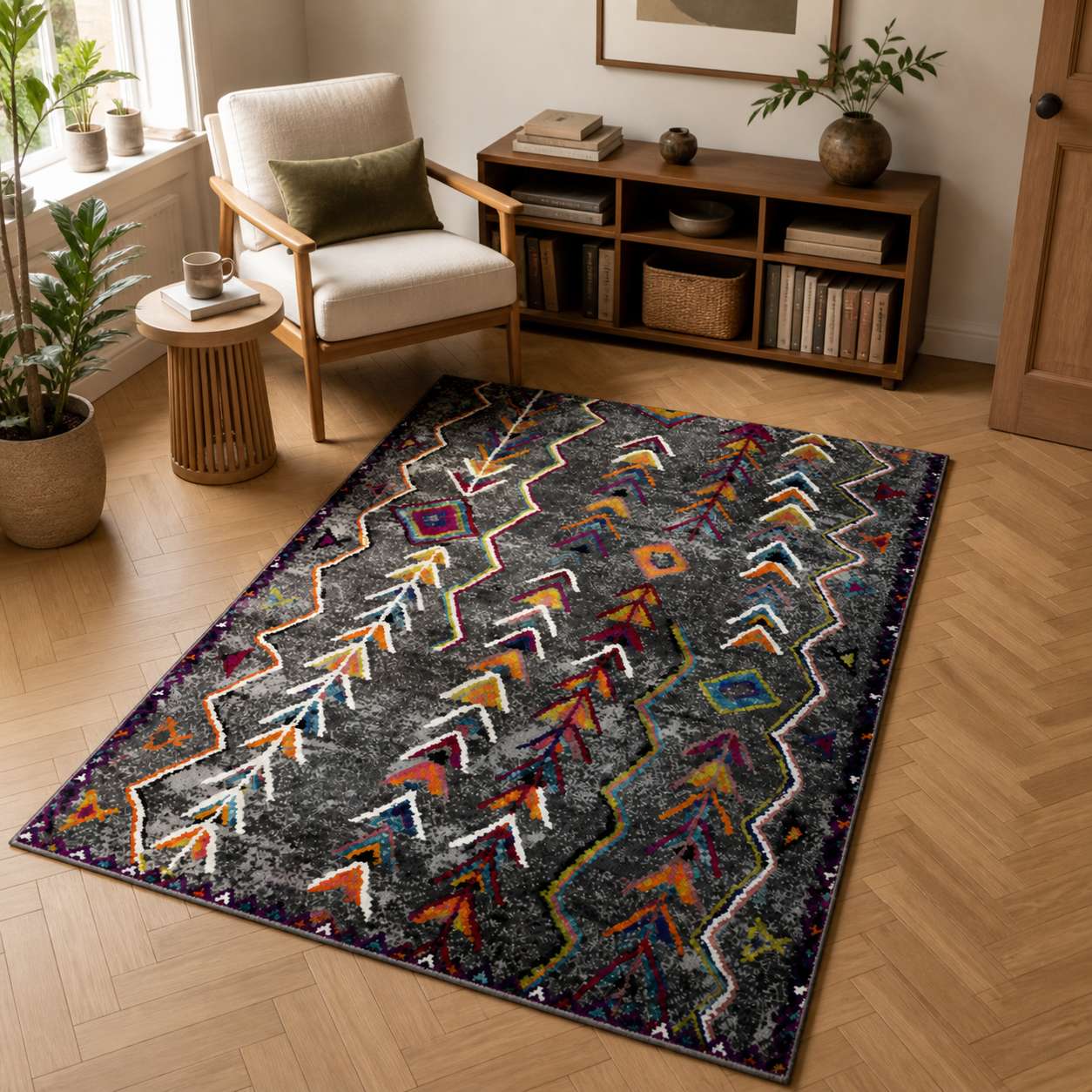Tapis berbere à motifs colorés sur fond gris dans un salon moderne lumineux