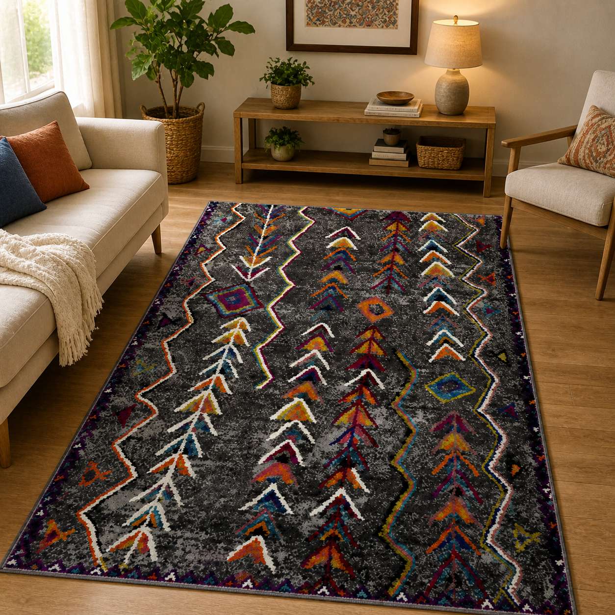 Tapis berbere à motifs colorés sur fond noir, posé dans un salon moderne