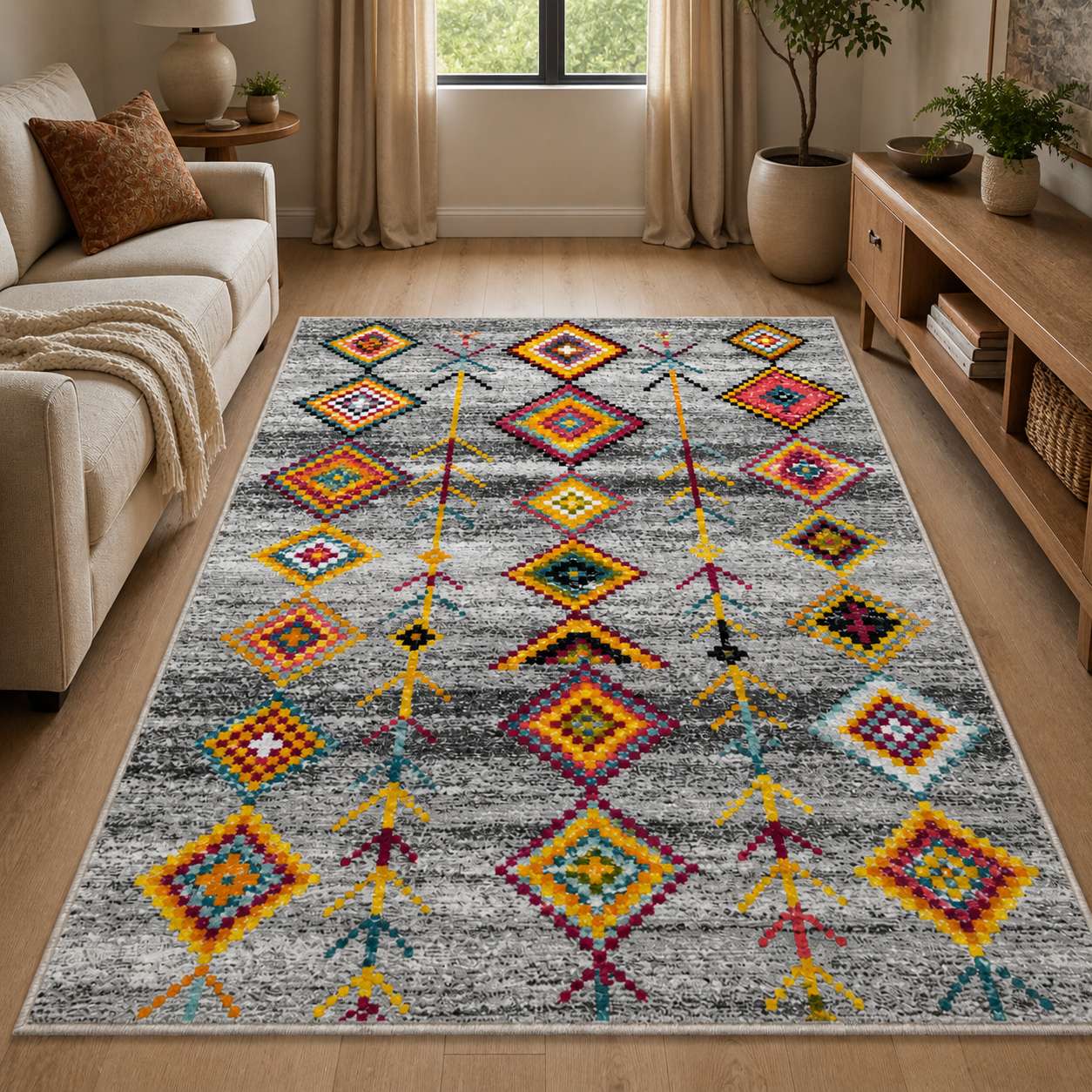 Tapis berbere gris à motifs géométriques colorés dans un salon moderne