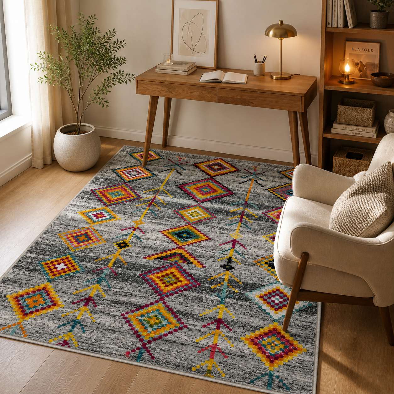 Tapis berbere coloré à motifs losanges géométriques dans un salon moderne et lumineux