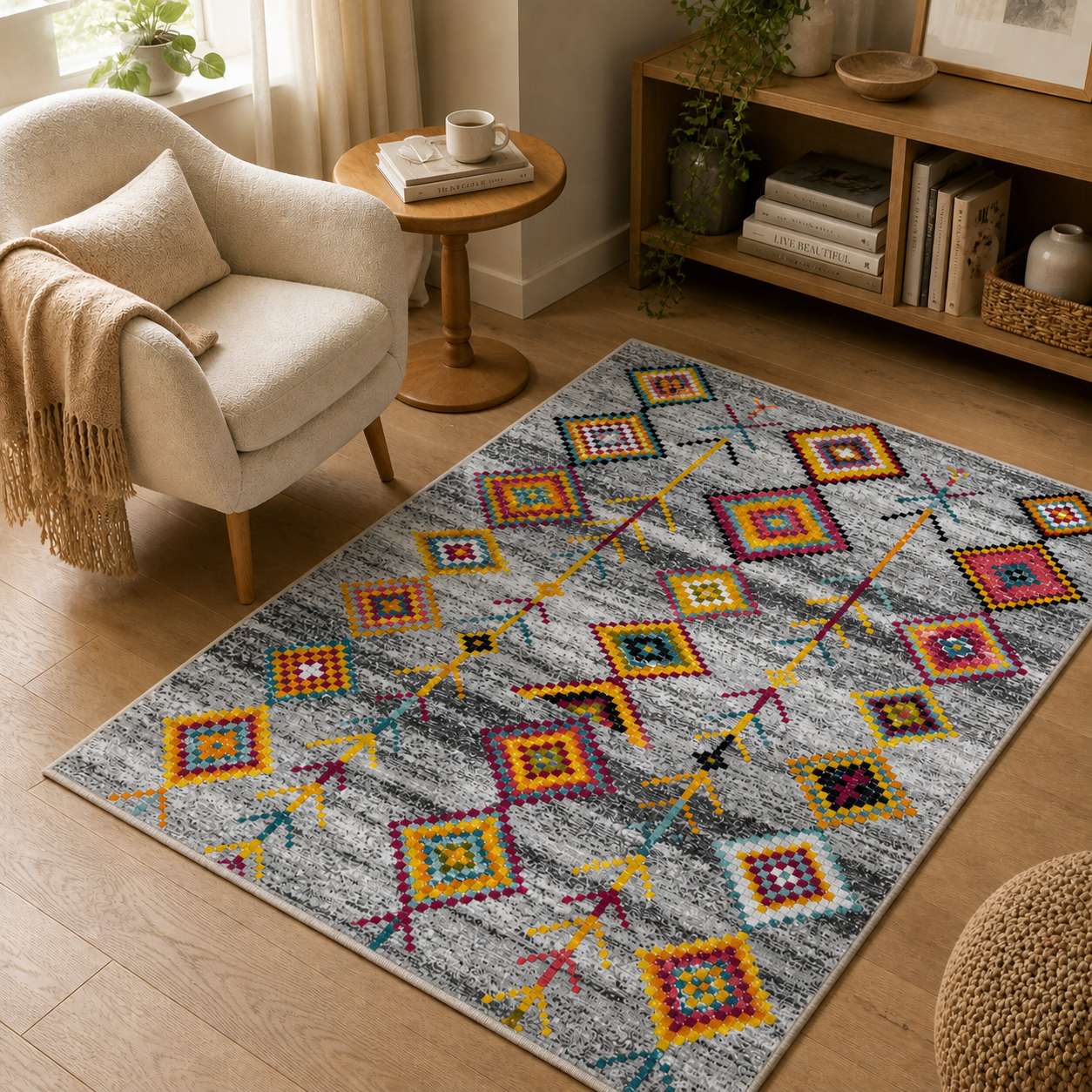 Tapis berbere moderne avec motifs géométriques colorés dans un salon lumineux