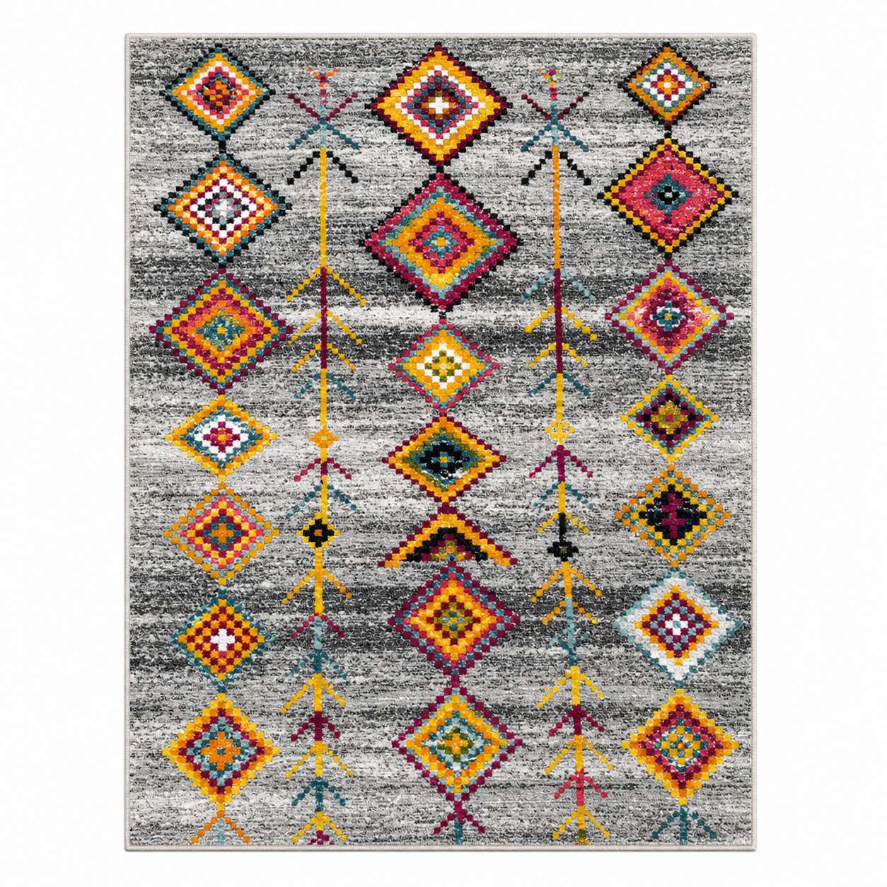 Tapis berbere à motifs géométriques colorés sur fond gris, style ethnique moderne.