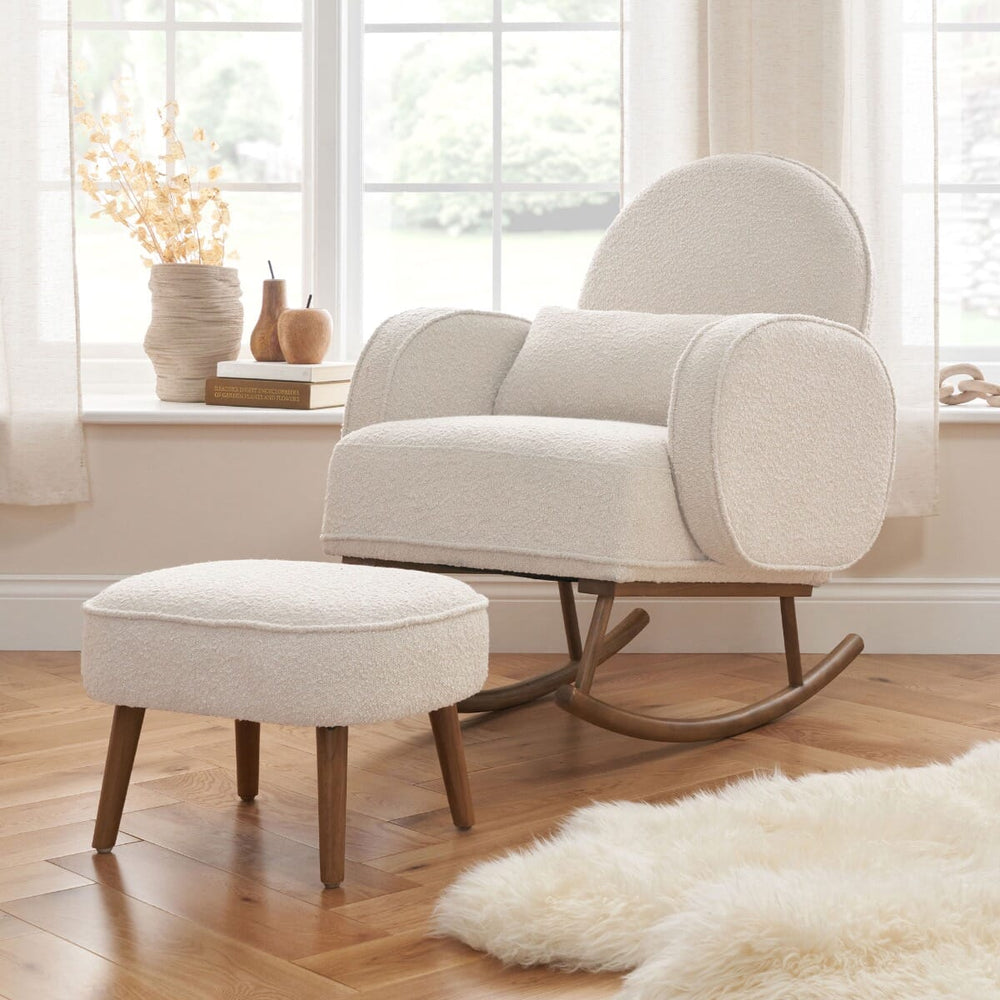 Fauteuil à Bascule Bouclette avec Repose-Pieds – Crème – Vue 1